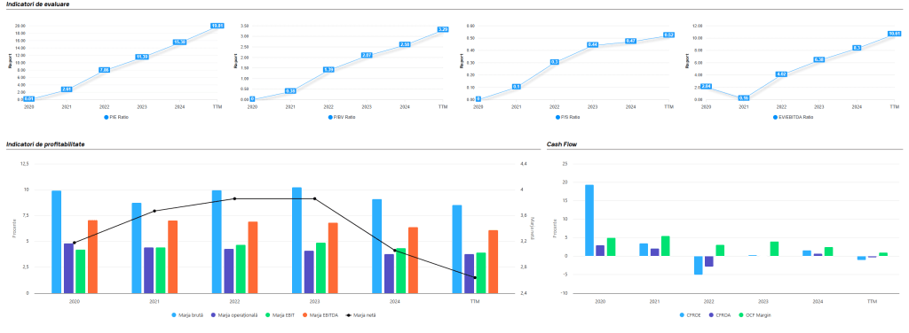Grafice și tabele interactivi ce ilustrează analiza financiară a companiilor, incluzând datele pe cinci ani pentru o examinare detaliată.