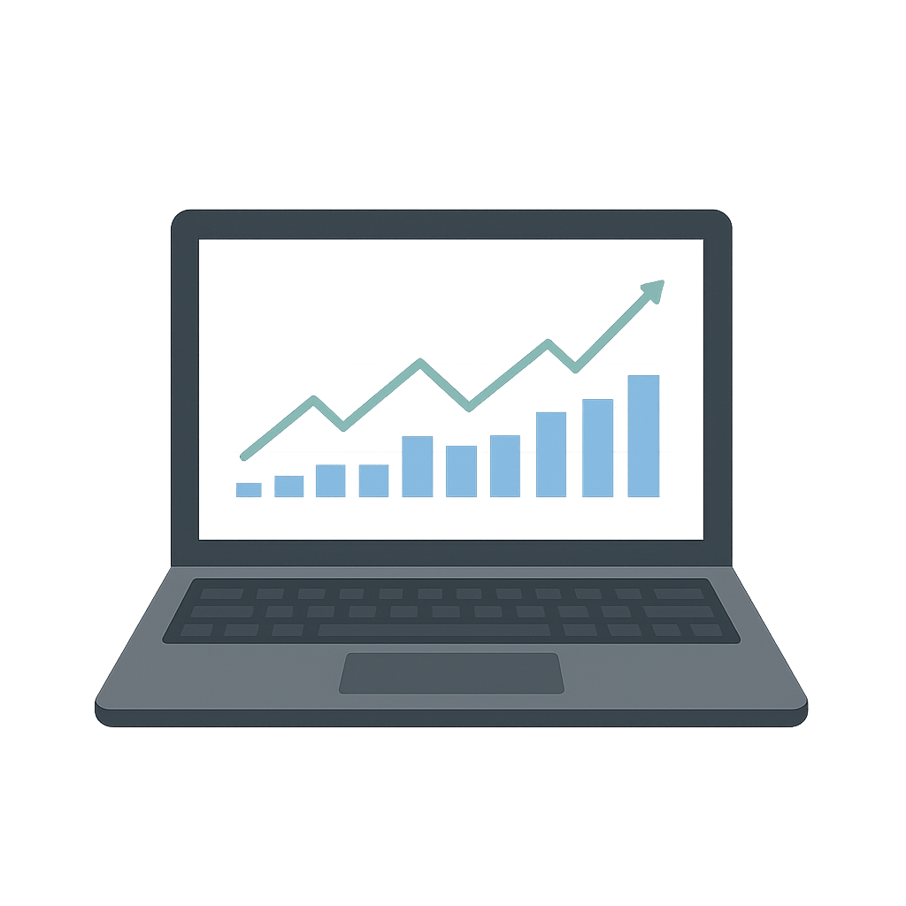O imagine care contine un laptop si care afiseaza un grafic intr-un trend ascendent si insinueaza ca investitiile sunt profitabile